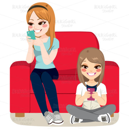 Girls Smartphone Addiction Clipart Vector Illustration 03621