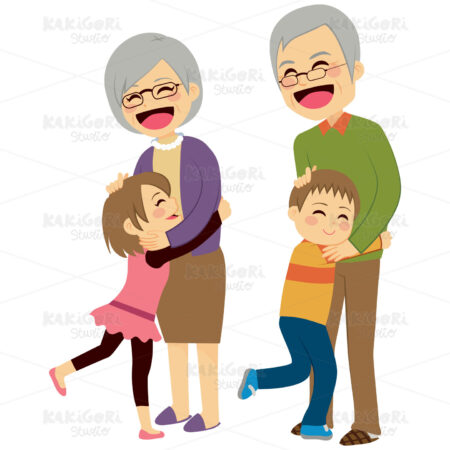 Grandchildren Hugging Grandparents Clipart Vector Illustration 02263