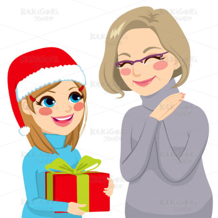 Granddaughter Giving Present To Grandmother Clipart Vector Illustration 01871