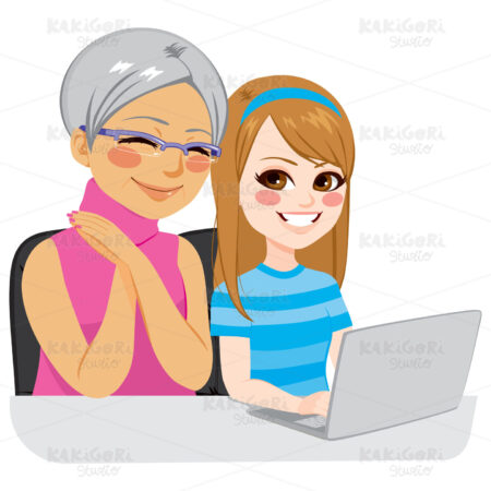 Granddaughter Helping Grandmother With Internet Clipart Vector Illustration 02790