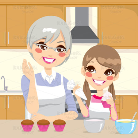 Grandmother Teaching Granddaughter in Kitchen Clipart Vector Illustration 01311