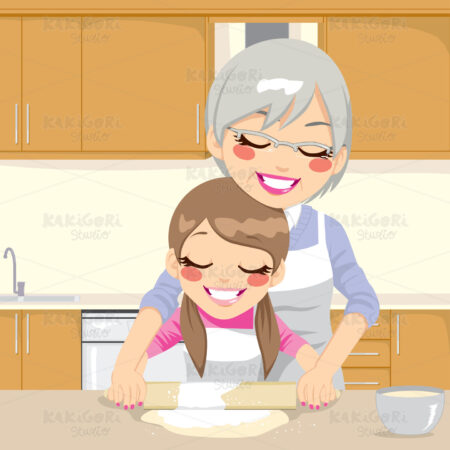 Grandmother Teaching Granddaughter Make Pizza Clipart Vector Illustration 01314