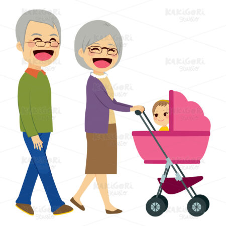 Grandparents Pushing Stroller Clipart Vector Illustration 02352