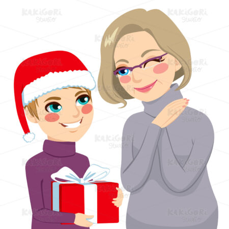 Grandson Giving Present To Grandmother Clipart Vector Illustration 01873