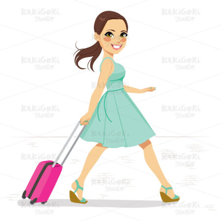 Green Dress Woman Walking Street Clipart Vector Illustration 02149