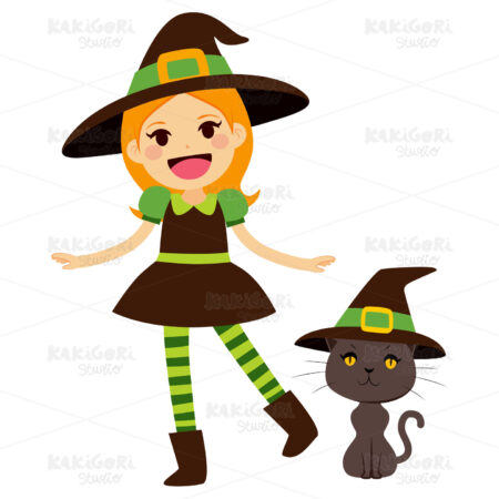 Green Witch and Cat Clipart Vector Illustration 02324