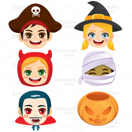 Halloween Kids Faces Set Collection Clipart Vector Illustration 04920