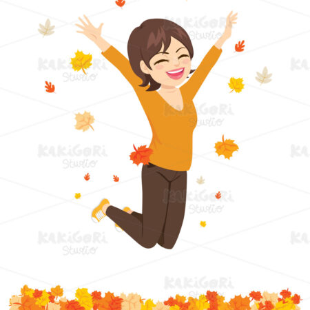 Happy Autumn Time Woman Jumping Clipart Vector Illustration 05107