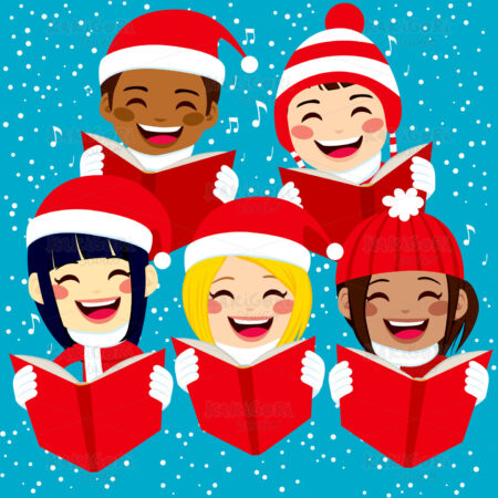 Happy Children Singing Christmas Carols Clipart Vector Illustration 01912