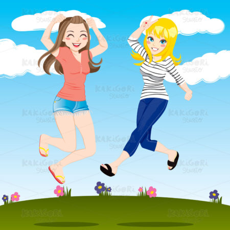 Happy Girls Jumping Clipart Vector Illustration 00534