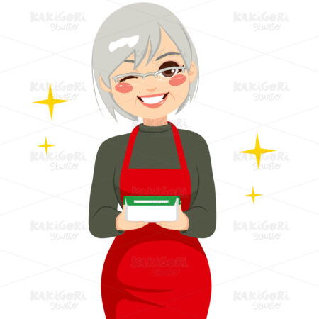 Happy Grandmother Holding Food Container Clipart Vector Illustration 02225