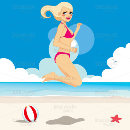 Happy Jumping Blonde Bikini Girl Clipart Vector Illustration 02143