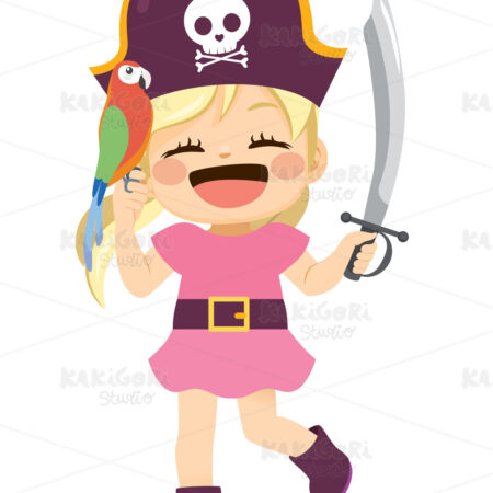 Happy Pirate Girl Parrot Sword Clipart Vector Illustration 05063