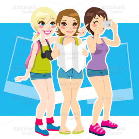 Happy Tourist Girls Clipart Vector Illustration 01109