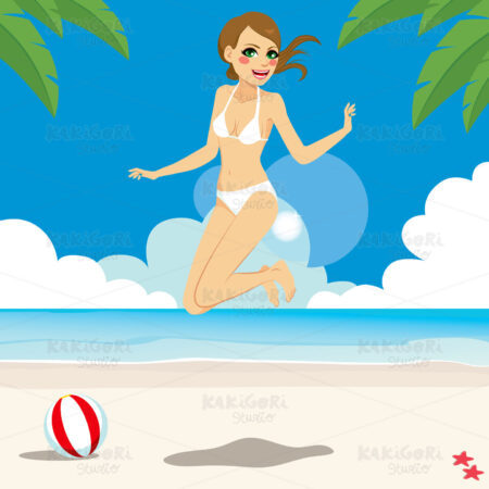 Happy Woman Jumping On Beach Clipart Vector Illustration 02142