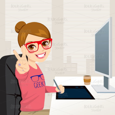 Hipster Graphic Designer Woman Working Clipart Vector Illustration 01496