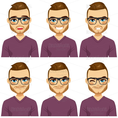 Hipster Man Different Expressions Clipart Vector Illustration 02077