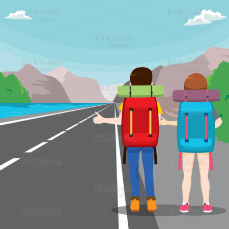 Hitchhiking Travel Couple Clipart Vector Illustration 03507