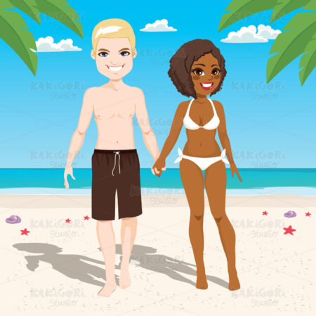 Interracial Couple Beach Clipart Vector Illustration 03538