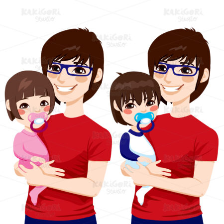 Japanese Father With Kids Clipart Vector Illustration 01627