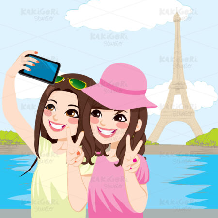 Japanese Friends Paris Selfie Clipart Vector Illustration 01644