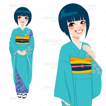 Japanese Woman in Green Kimono Clipart Vector Illustration 01350