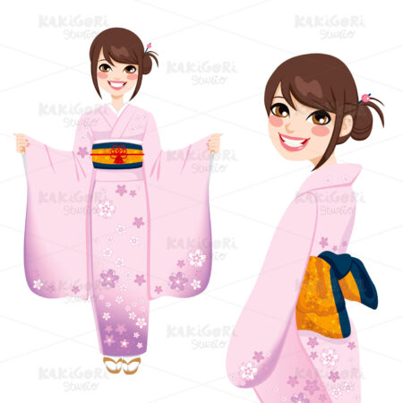 Japanese Woman in Pink Kimono Clipart Vector Illustration 01351
