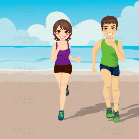 Jogging Couple Running On Beach Clipart Vector Illustration 01414