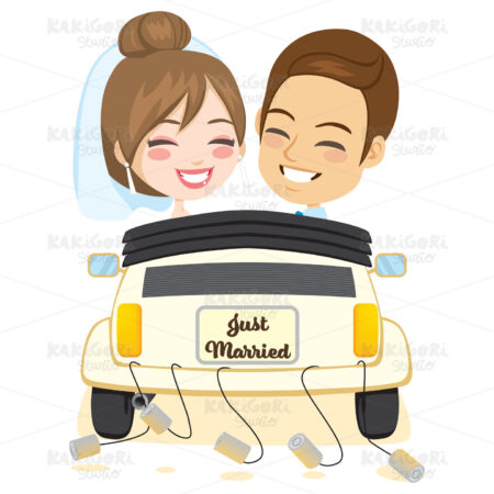 Just Married Smiling Couple Car Clipart Vector Illustration 04768