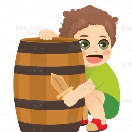 Kid Playing Pirates Wooden Barrel Clipart Vector Illustration 05055