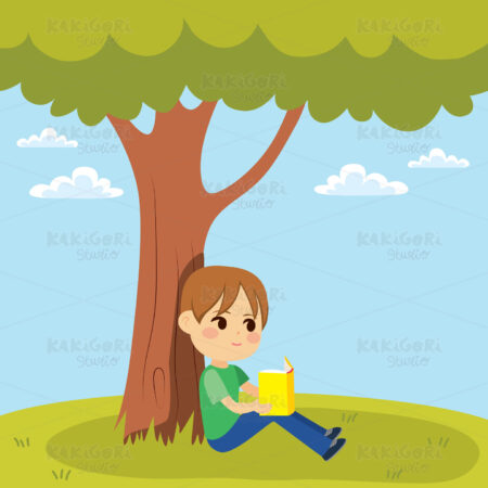 Kid Reading Under Tree Clipart Vector Illustration 03689