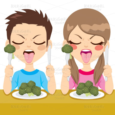 Kids Disgusted Eating Broccoli Clipart Vector Illustration 01372