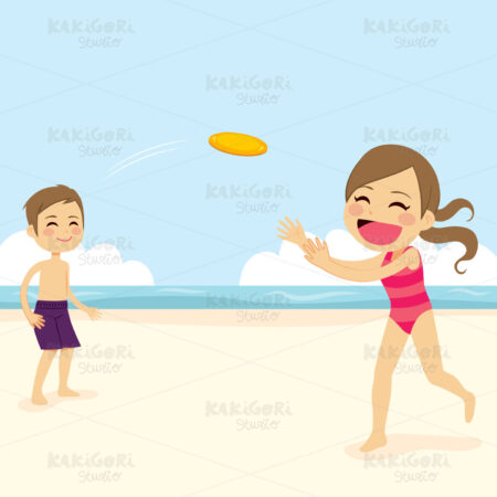 Kids Playing Flying Disk Clipart Vector Illustration 02240