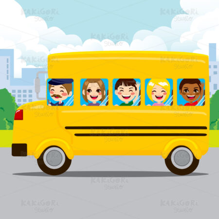 Kids Riding School Bus Clipart Vector Illustration 01712