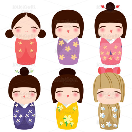 Kimono Kokeshi Doll Set Clipart Vector Illustration 04406