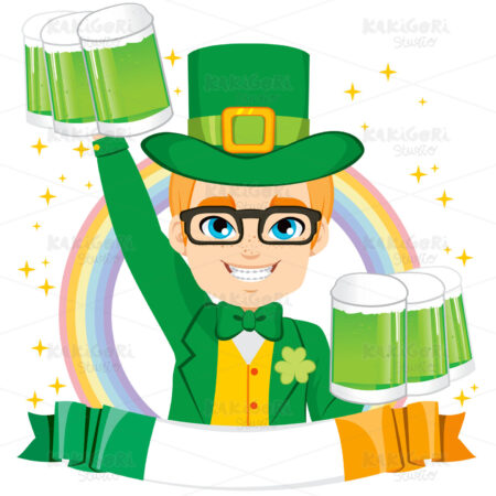 Leprechaun Boy Holding Green Beer Clipart Vector Illustration 02560