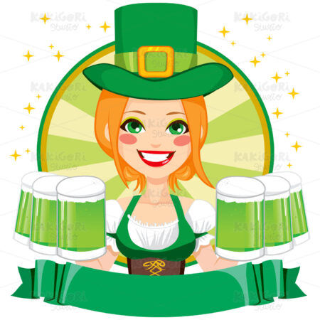 Leprechaun Girl Waitress Banner Clipart Vector Illustration 02575