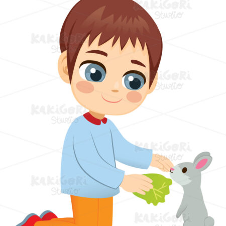 Little Boy Feeding Pet Rabbit Clipart Vector Illustration 04881