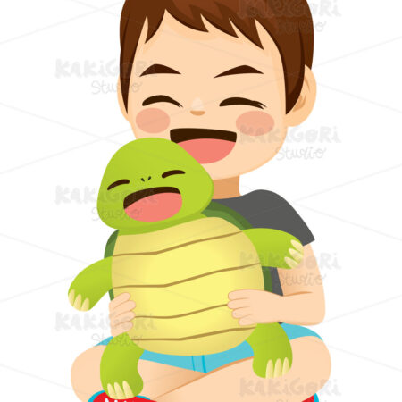 Little Boy Holding Pet Turtle Clipart Vector Illustration 04885