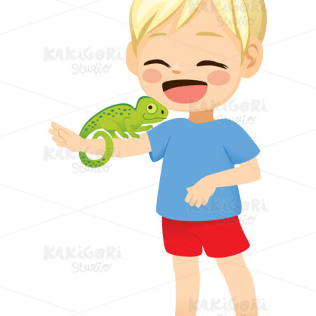 Little Boy With Pet Chameleon Clipart Vector Illustration 04883