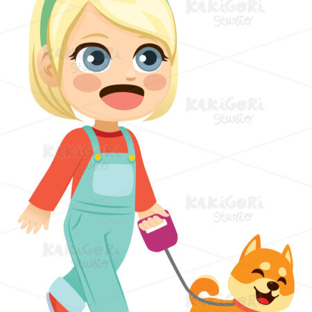 Little Girl Walking Pet Dog Clipart Vector Illustration 04887