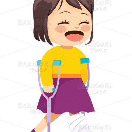 Little Girl Walking With Crutches Clipart Vector Illustration 04870