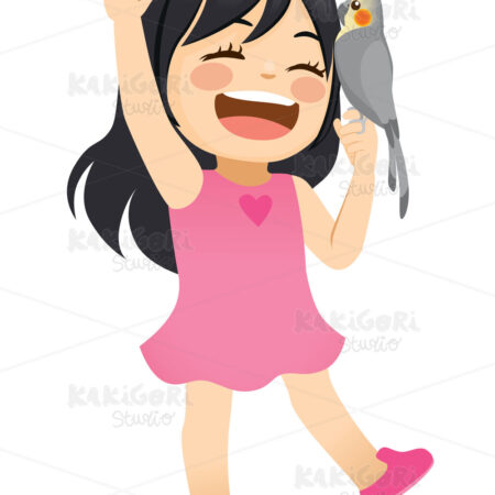 Little Girl With Cockatiel Bird Clipart Vector Illustration 04879