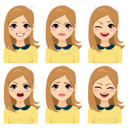 Long Hair Blonde Woman Expressions Clipart Vector Illustration 04276