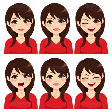 Long Hair Brunette Woman Expressions Clipart Vector Illustration 04275