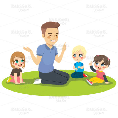 Male Kindergarten Teacher With Kids Clipart Vector Illustration 04144