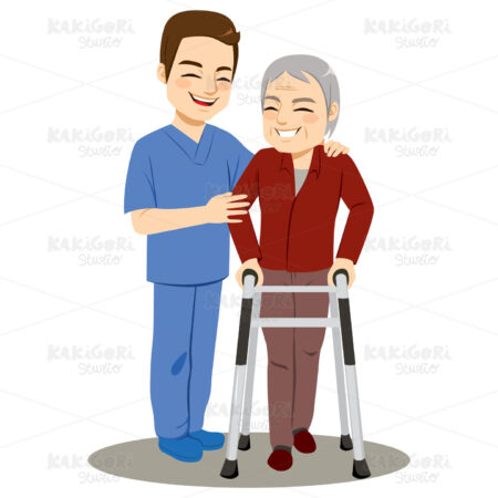 Male Nurse Helping Senior Man Clipart Vector Illustration 04146