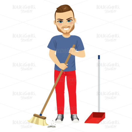Man Sweeping With Broom Clipart Vector Illustration 04096