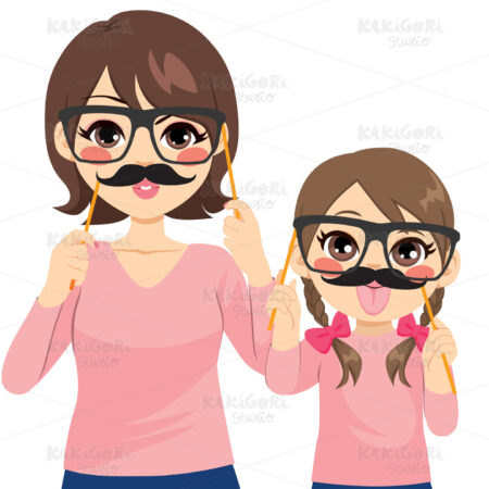 Mom Daughter Photo Booth Clipart Vector Illustration 04339