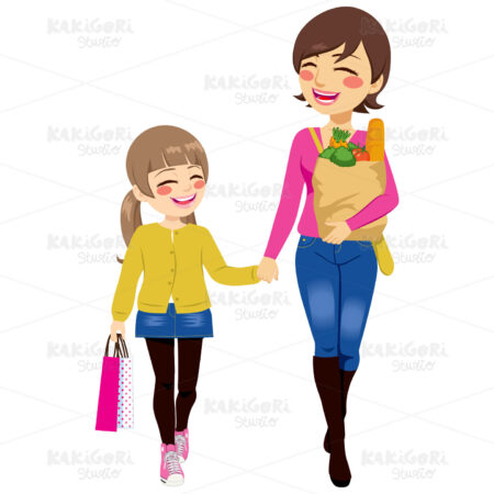 Mom Daughter Shopping Together Clipart Vector Illustration 02303